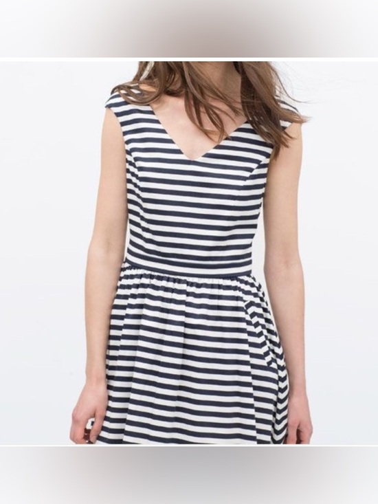 Zara Dresses & Skirts - Zara Navy and White Striped V-Neck Mini Dress